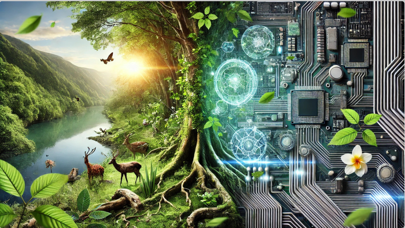 Nature-technology convergence showing seamless transition from natural landscapes with wildlife to quantum computing circuits, representing GenCarbon ESG's technology-driven sustainability approach